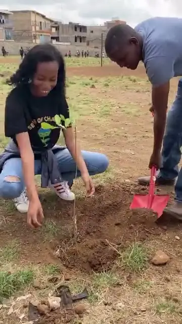 Young volunteers plant trees, clean neighbourhood streets and gather around environmental murals.